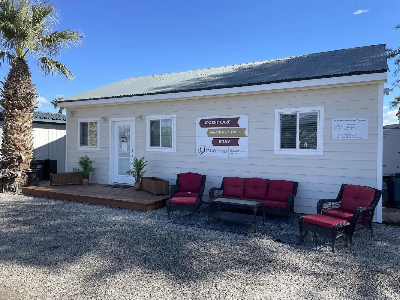 Exterior of the ShowMD permanent clinic at Desert International Horse Park